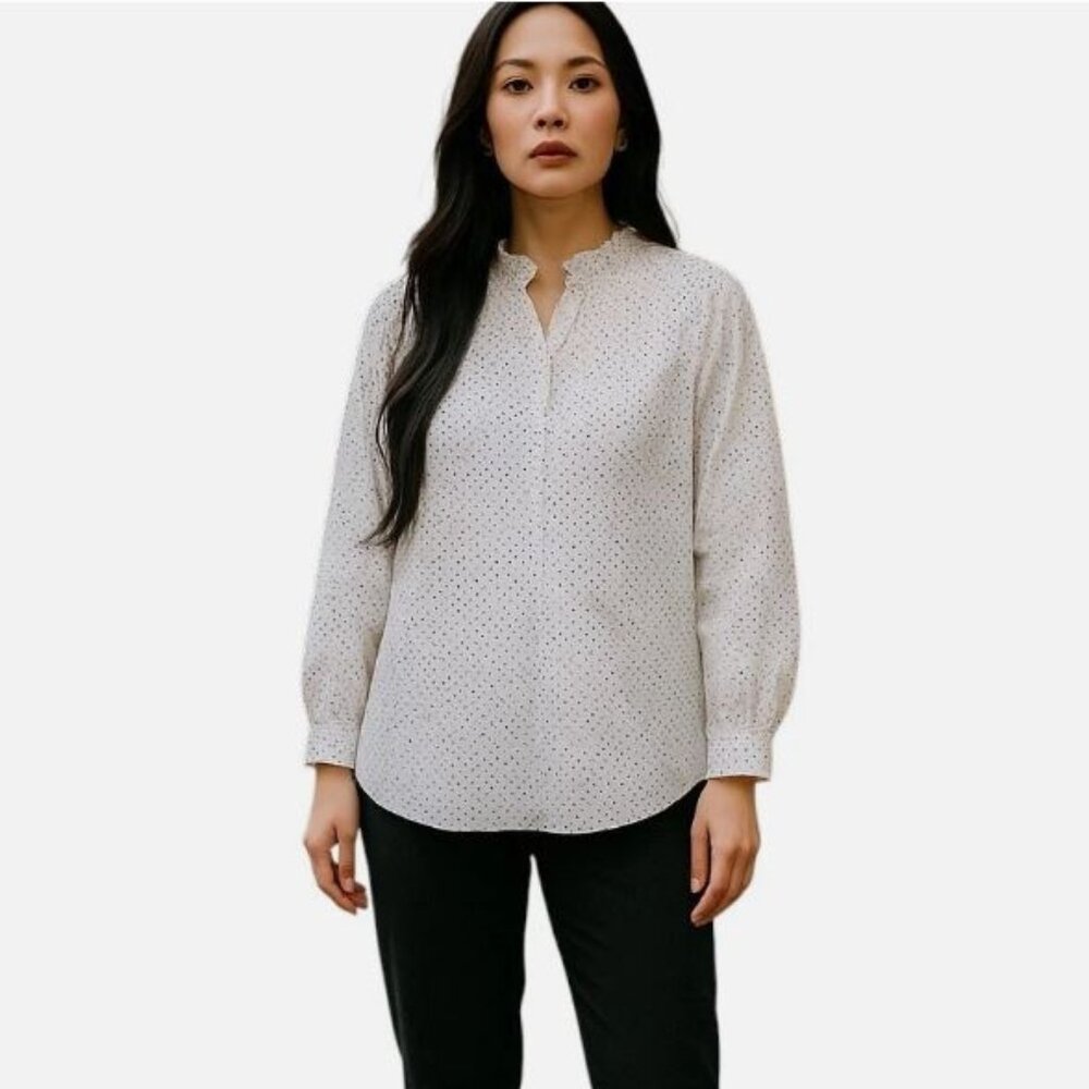 NWT Talbots Blouse White Popover Ruffle Neck Polka Dot Long Sleeve Size M Petite - Picture 3 of 12